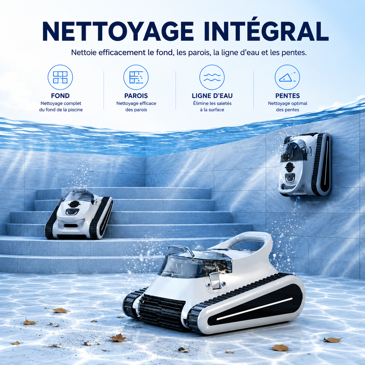 Robot aspirateur piscine sans fil – Fond, parois et débris visibles
