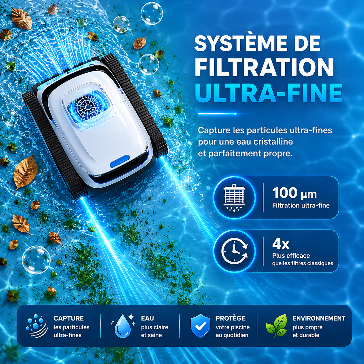 Robot aspirateur piscine sans fil – Nettoyage complet du bassin