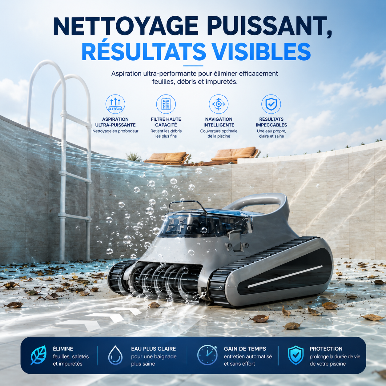 Robot aspirateur piscine sans fil – Fond, parois et débris visibles
