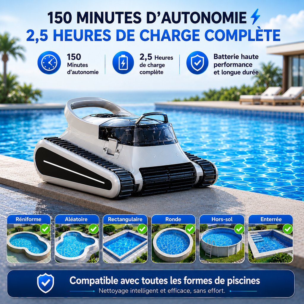 Robot aspirateur piscine sans fil – Fond, parois et débris visibles