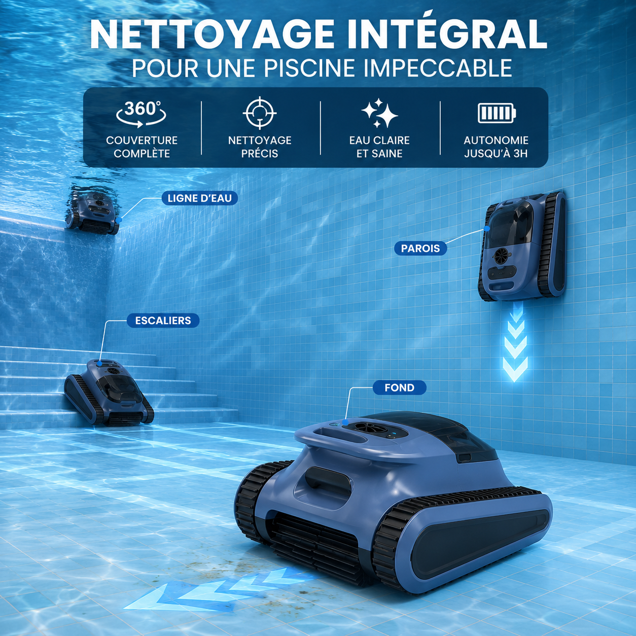 Robot de piscine sans fil – Nettoyage automatique du fond et des parois