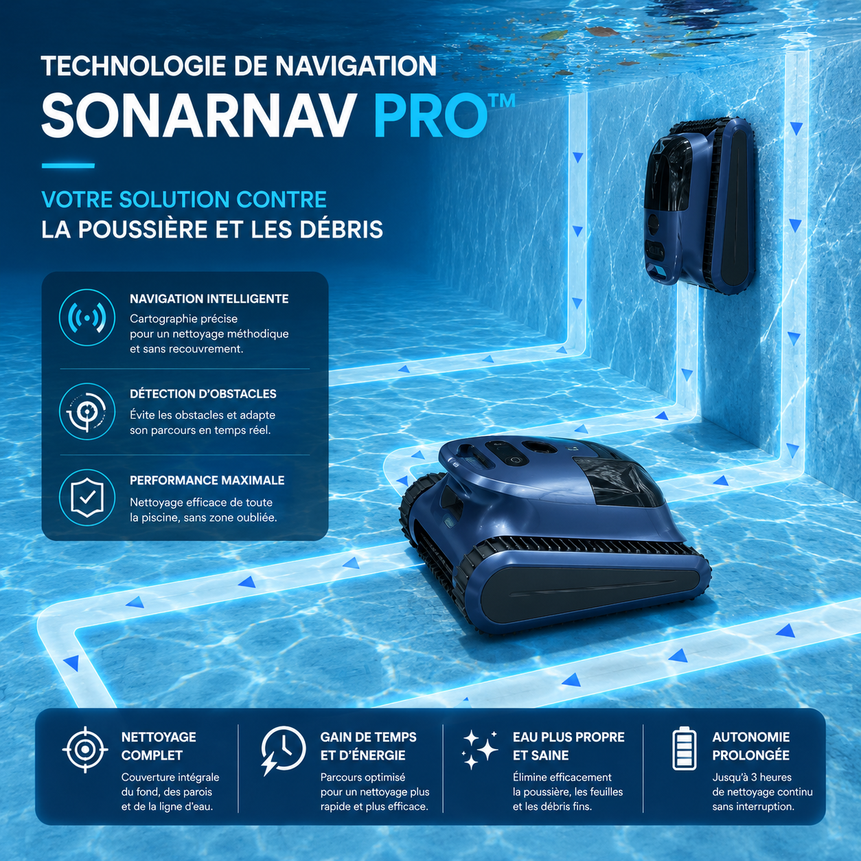 Robot de piscine sans fil – Nettoyage automatique du fond et des parois