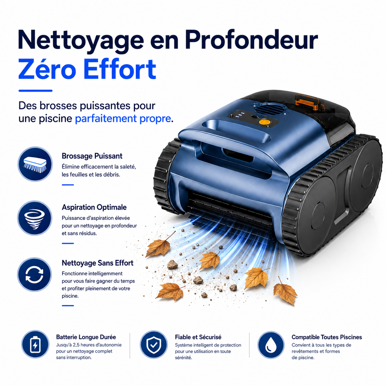 Robot aspirateur piscine sans fil – Nettoyage fond, parois et débris
