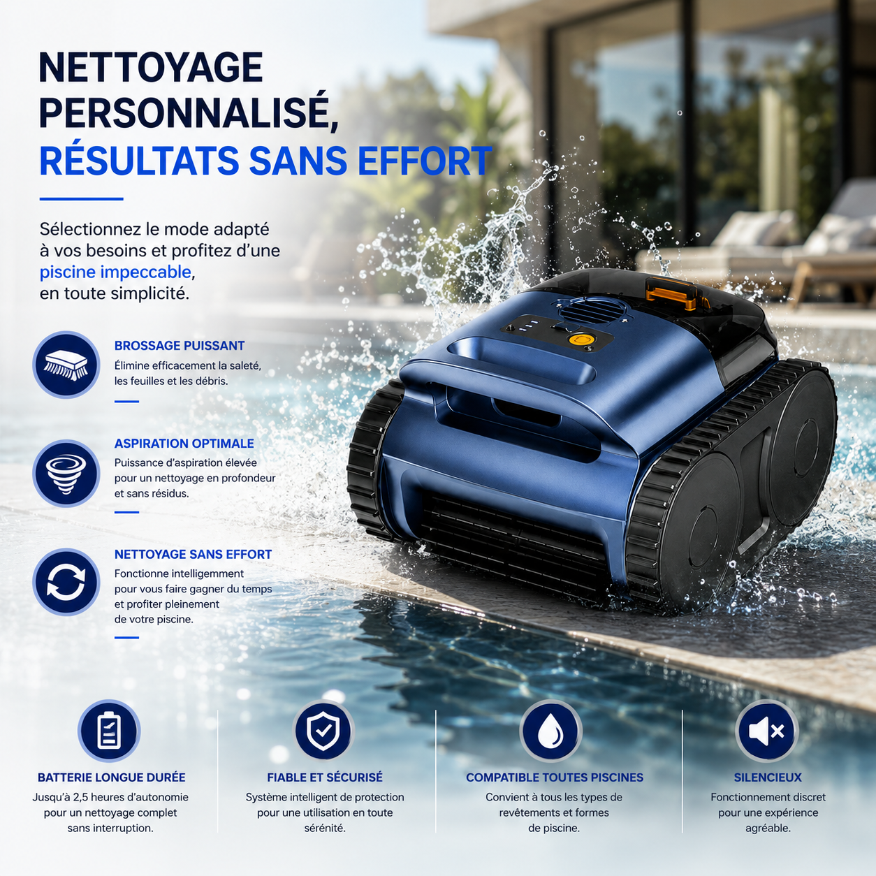 Robot aspirateur piscine sans fil – Nettoyage fond, parois et débris