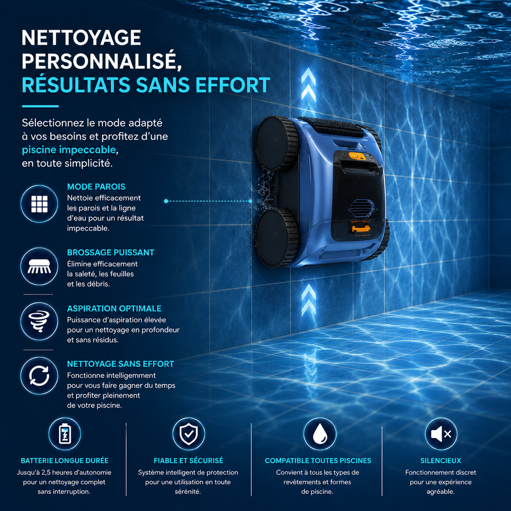 Robot aspirateur piscine sans fil – Nettoyage fond, parois et débris