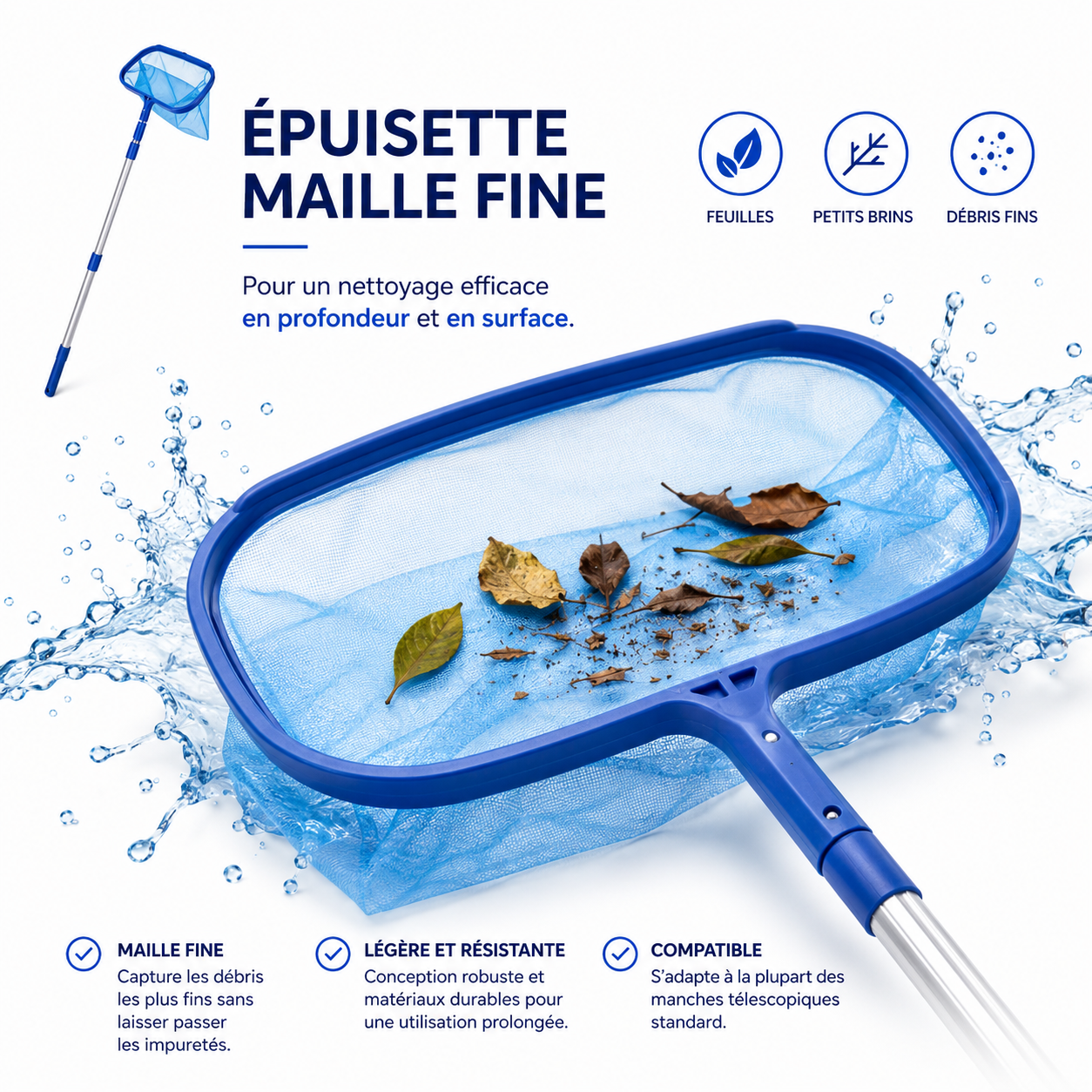 Épuisette de piscine pour feuilles et débris