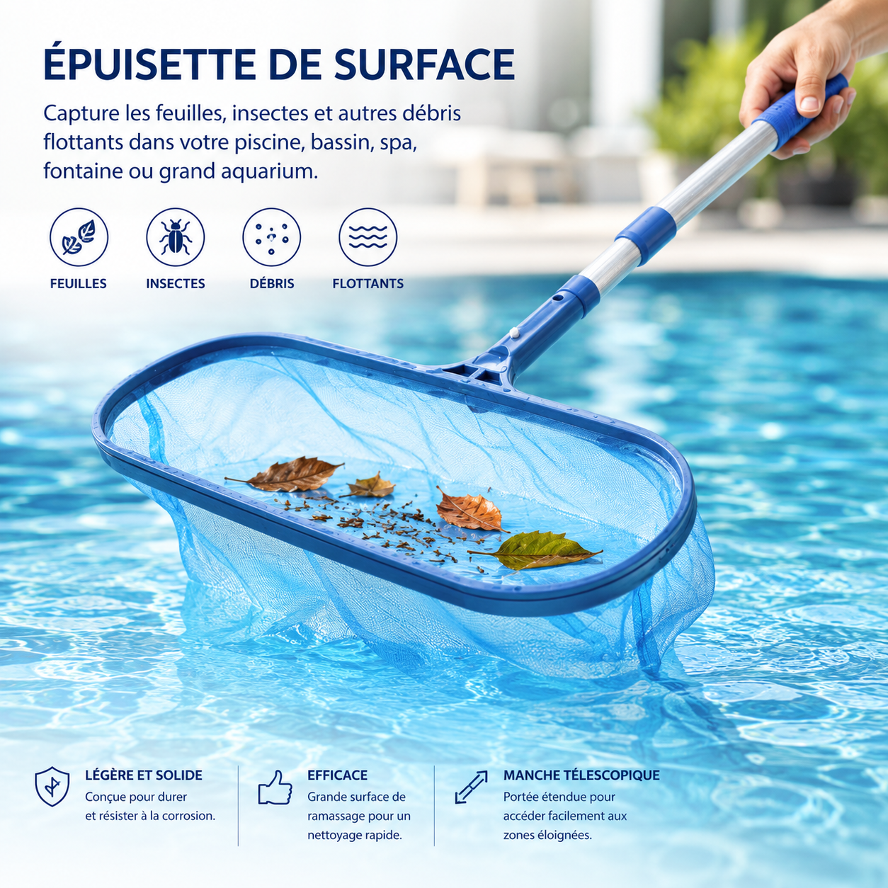 Épuisette de piscine pour feuilles et débris