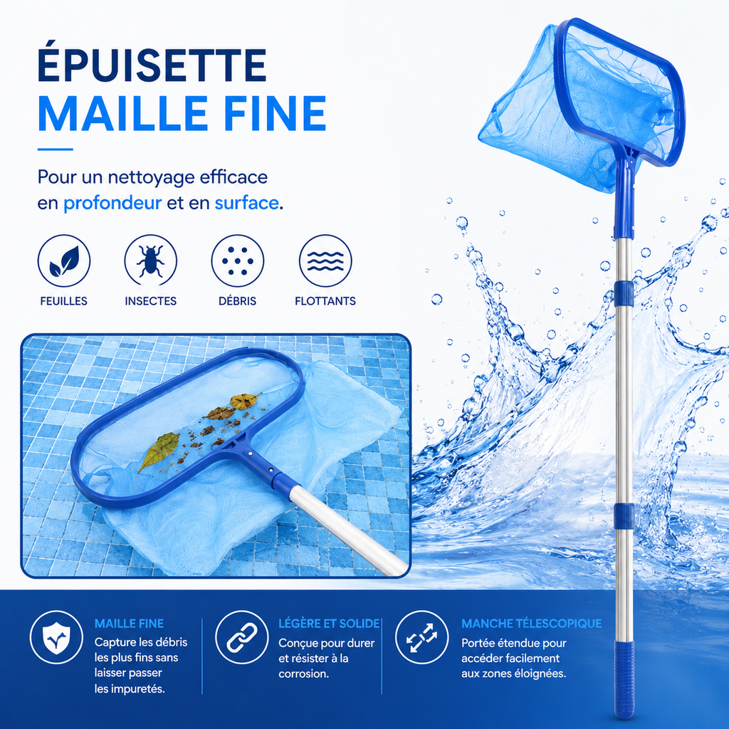 Épuisette de piscine pour feuilles et débris