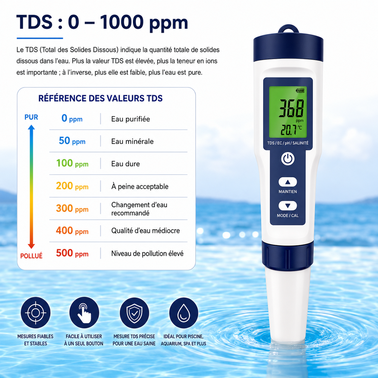 Testeur de qualité de l’eau 10 en Testeur digital 10-en-1