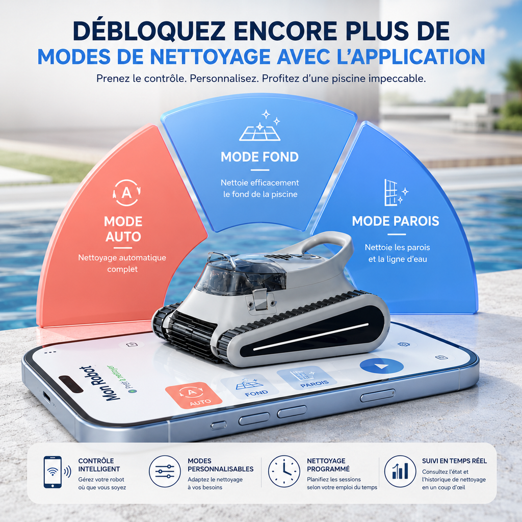 Robot aspirateur piscine sans fil – Fond, parois et débris visibles
