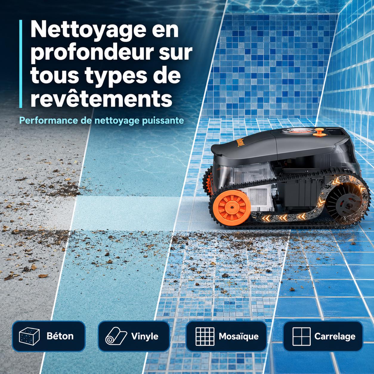Robot aspirateur piscine sans fil – Fond, parois et ligne d’eau