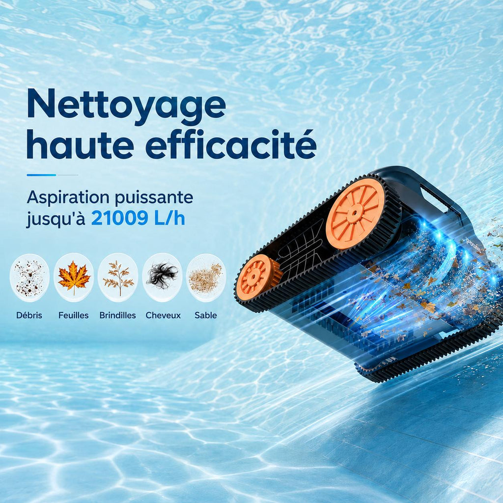 Robot aspirateur piscine sans fil – Fond, parois et ligne d’eau