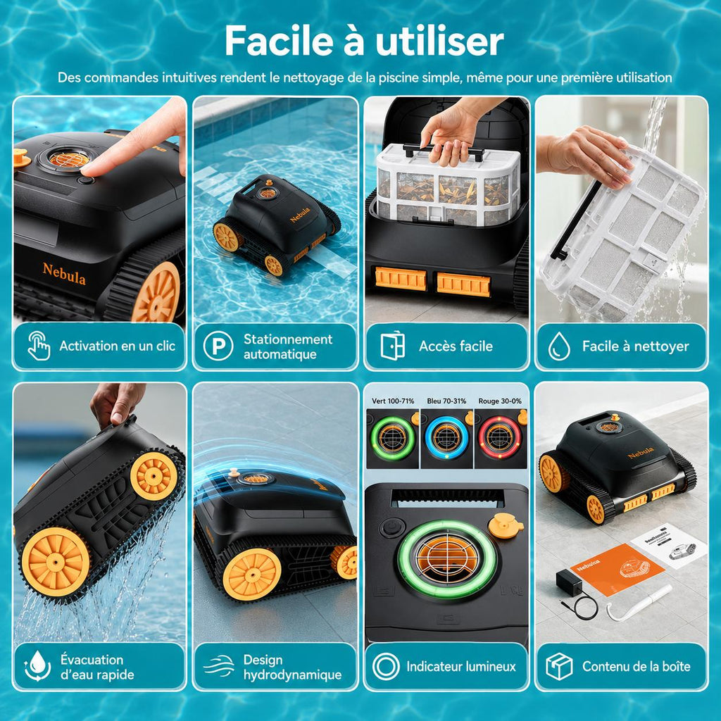 Robot aspirateur piscine sans fil – Fond, parois et ligne d’eau