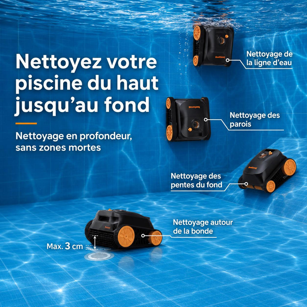 Robot aspirateur piscine sans fil – Fond, parois et ligne d’eau
