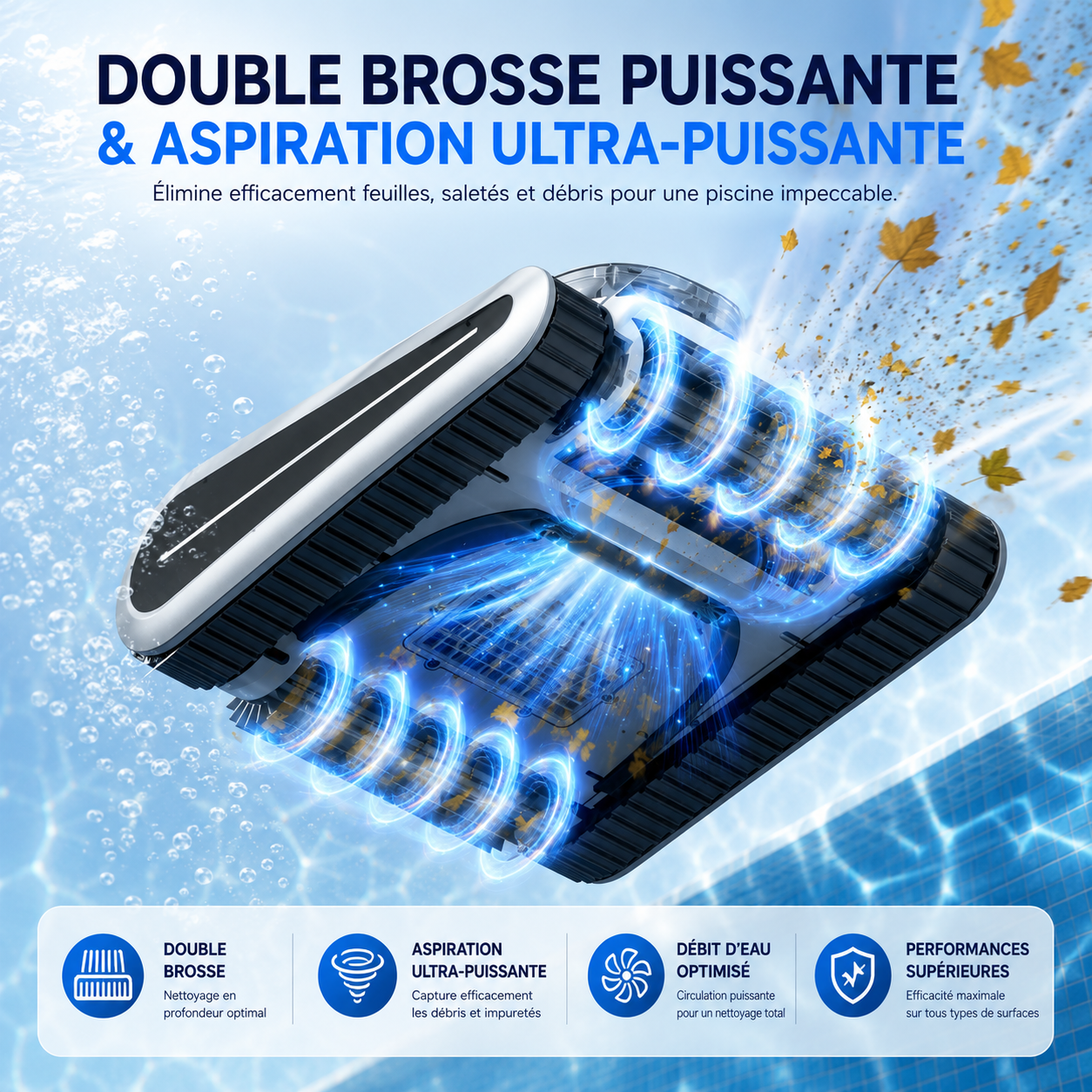Robot aspirateur piscine sans fil – Fond, parois et débris visibles